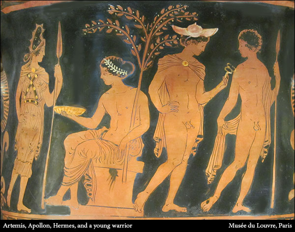 Artemis, Apollon, Hermes, and a young warrior