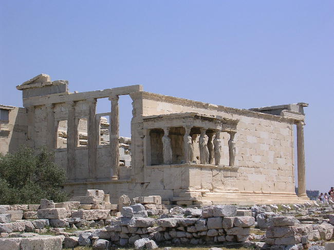 The Karyatids (Caryatids) as seen when entering the Acropolis.