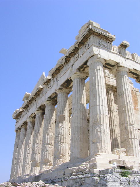 Atop the Acropolis of Athens, a corner of the Parthenon in its ruined glory.